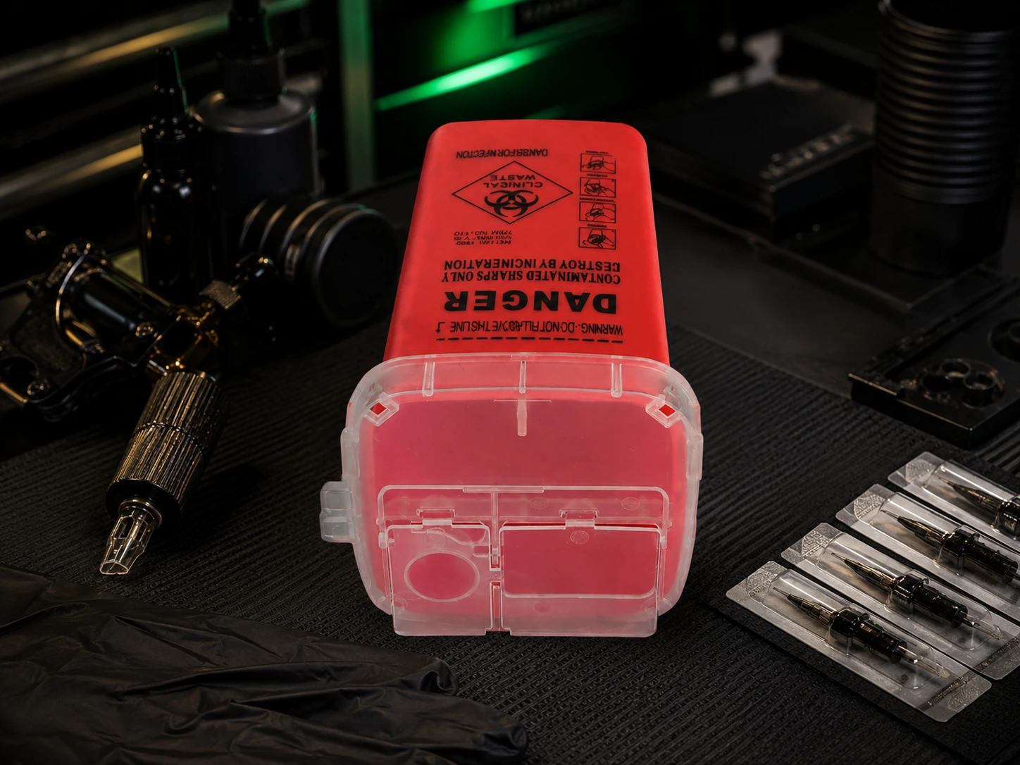 Tattoo Needle Disposal Container On Workstation